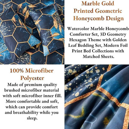 ANGIYUIN 7 Pieces Blue Gold Bed in A Bag Full Geometric Hexagon Theme Bedding Sets Gold Trim Comforter Set, Luxury Steel Blue Gold Foil Print Bed Sets with Pillowcases Sheets (Blue Full)