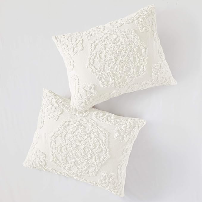 Madison Park Laetitia Lightweight 100% Cotton Quilt Set, Breathable Chenille Tufted, Shabby Chic Boho Medallion Design, Sham, Floral Ivory w/ Tassels, Full/Queen (90 in x 90 in) 3 Piece