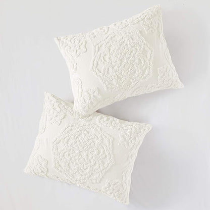 Madison Park Laetitia Lightweight 100% Cotton Quilt Set, Breathable Chenille Tufted, Shabby Chic Boho Medallion Design, Sham, Floral Ivory w/ Tassels, Full/Queen (90 in x 90 in) 3 Piece