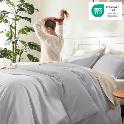 Litanika Light Grey Comforter California King Size, 3 Pieces Cal King Lightweight Solid Bedding Comforter Set, All Season Fluffy Bed Set (104x96In Comforter & 2 Pillowcases)