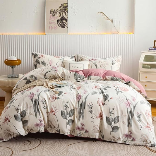 OAITE Duvet Cover Set Queen Size Floral Pattern 600 Thread Count Ultra Soft 100% Long Staple Cotton Duvet Cover Sets 3-PC, Breathable Duvet Cover with Zipper Closure & Corner Ties