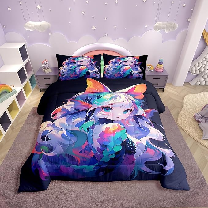 Erosebridal Anime Girl Bedding Comforters & Sets 3D Japanese Bedding Kawaii Girly Comforter Set, Anime Lovers Gifts Bedding Sets Warm Lightweight Duvet Set for All Season, Full 3Pcs