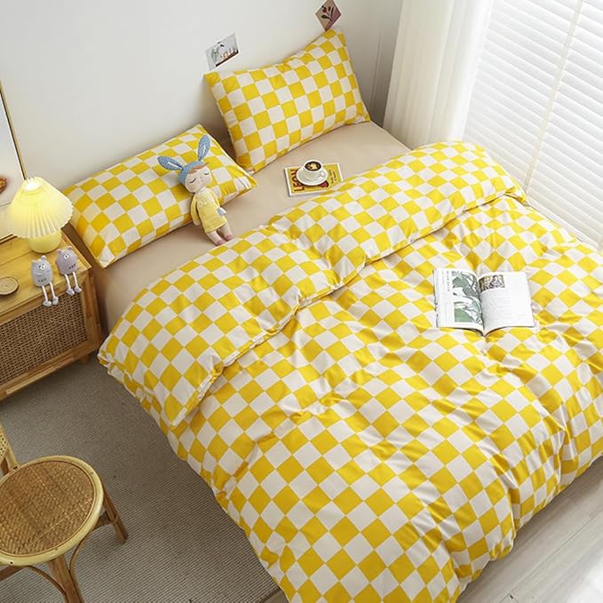 CLOTHKNOW Light Yellow Grid Queen Comforter Set Plaid Bedding Sets Checker Queen Comforter Light Yellow Queen Size Comforter Sets