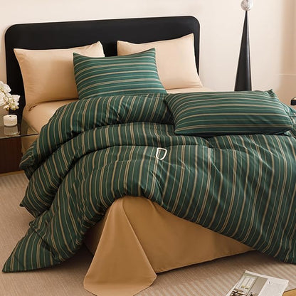 CLOTHKNOW Green Striped Full Size Comforter Set Farmhouse Bedding Comforter Sets Hunter Green Comforter Boho Soft with 2 x Pillow Cases