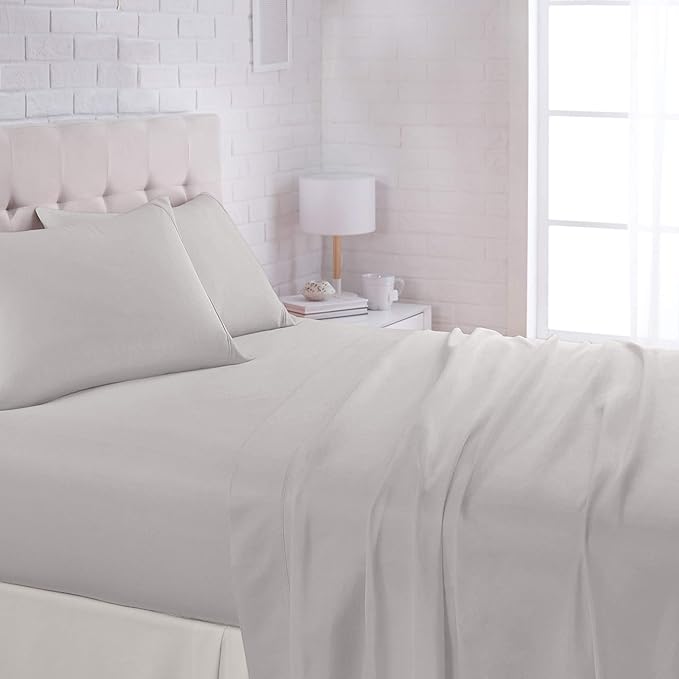 Amazon Basics Lightweight Super Soft Comfortable Breathable Wrinkle Resistant Microfiber 4 Piece Bed Sheet Set with 14-Inch Deep Pockets, Queen, Light Gray, Solid