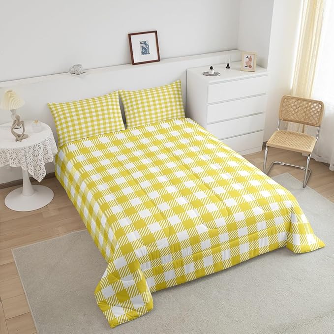 Manfei Yellow Plaid Comforter Set Buffalo Check Plaid Bedding Set Classic Gingham Pattern Bedding Home Decor Yellow White Scottish Comforter Queen Size Quilted Duvet Set 1 Comforter with 2 Pillowcase