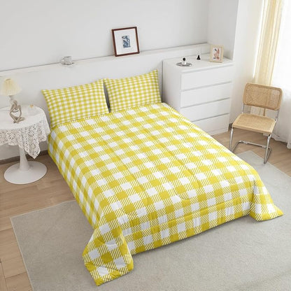 Manfei Yellow Plaid Comforter Set Buffalo Check Plaid Bedding Set Classic Gingham Pattern Bedding Home Decor Yellow White Scottish Comforter King Size Quilted Duvet Set 1 Comforter with 2 Pillowcase