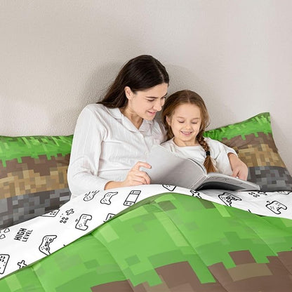 Miners Pixel Checked Kids Comforter Set Full Size,Video Games Check Lattice Bedding Set,Boys Room Decor,Game Cartoon Gamepad Quilt Comforter,Gray Green Brown Duvet Set Bedroom Quilt Set,2 Pillowcases