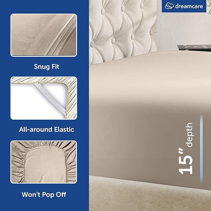 DREAMCARE King Size Sheets Set - Cooling Bed Sheets - 4pcs Set - up to 15" Deep Pocket King Sheet Set – Soft & Long Lasting Cooling - 100% Fine Brushed Microfiber with Side Pocket - Beige