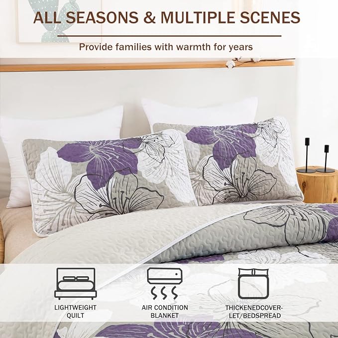 DJY 3 Pieces Quilt Set California King Purple Floral Pattern Quilt Coverlet Set Elegant Lily Bedspread with 2 Pillow Shams Breathable Microfiber Bedding Quilt Set All Season (Purple, 106"x96")