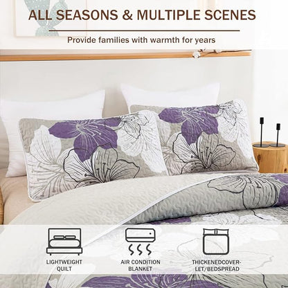 DJY 3 Pieces Quilt Set California King Purple Floral Pattern Quilt Coverlet Set Elegant Lily Bedspread with 2 Pillow Shams Breathable Microfiber Bedding Quilt Set All Season (Purple, 106"x96")