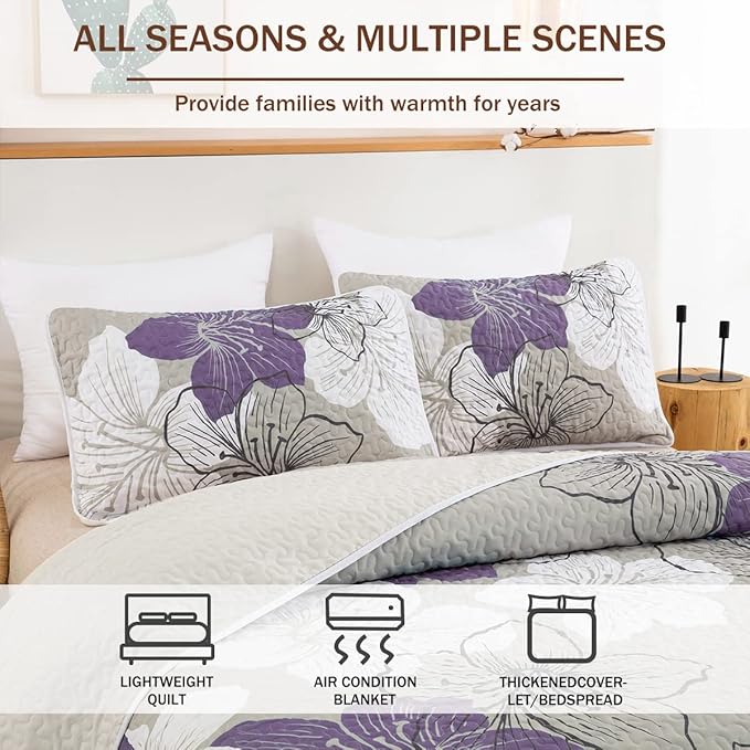 DJY 3 Pieces Quilt Set Queen Purple Floral Pattern Quilt Coverlet Set Elegant Boho Lily Bedspread with 2 Pillow Shams Breathable Microfiber Bedding Quilt Set All Season (Purple, 90"x96")