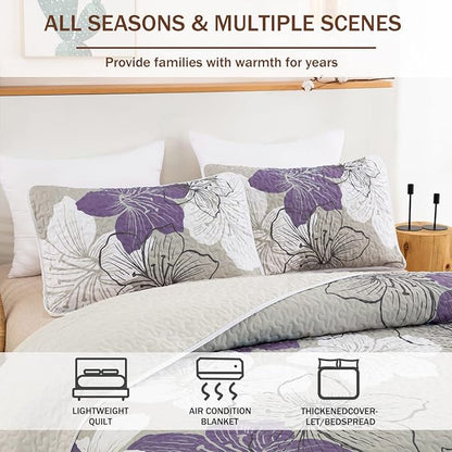 DJY 3 Pieces Quilt Set Queen Purple Floral Pattern Quilt Coverlet Set Elegant Boho Lily Bedspread with 2 Pillow Shams Breathable Microfiber Bedding Quilt Set All Season (Purple, 90"x96")