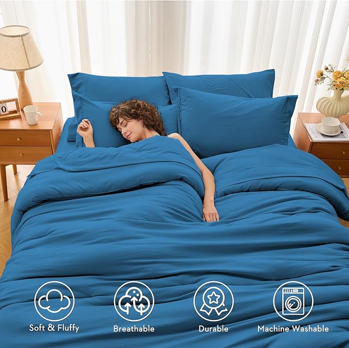MUXHOMO 7 Pieces Queen Comforter Set, Soft Bed in a Bag Queen Size, All Season Bedding Set with Comforter, Flat Sheet, Fitted Sheet, Pillowcases & Shams, Bluish Green