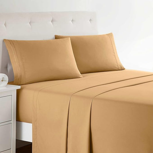 Clara Clark Full XL Bed Sheet Set - Wrinkle, Fade, Stain Resistant, Deep Pocket Sheets - Luxury Soft Bedding Sheets & Pillowcases, Full XL Camel Gold