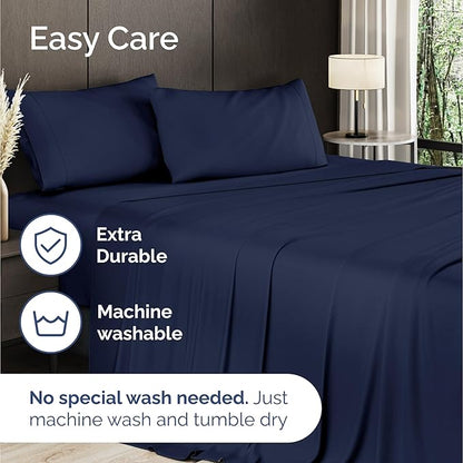 Bed Sheets Twin Size - Cooling Sheets for Twin - 100% Rayon Derived from Bamboo - Soft, Breathable & Hotel Luxury Bedding - 1 Flat & 1 Fitted and 2 Pillowcases w/ 16 Inch Deep Pockets - Navy Blue
