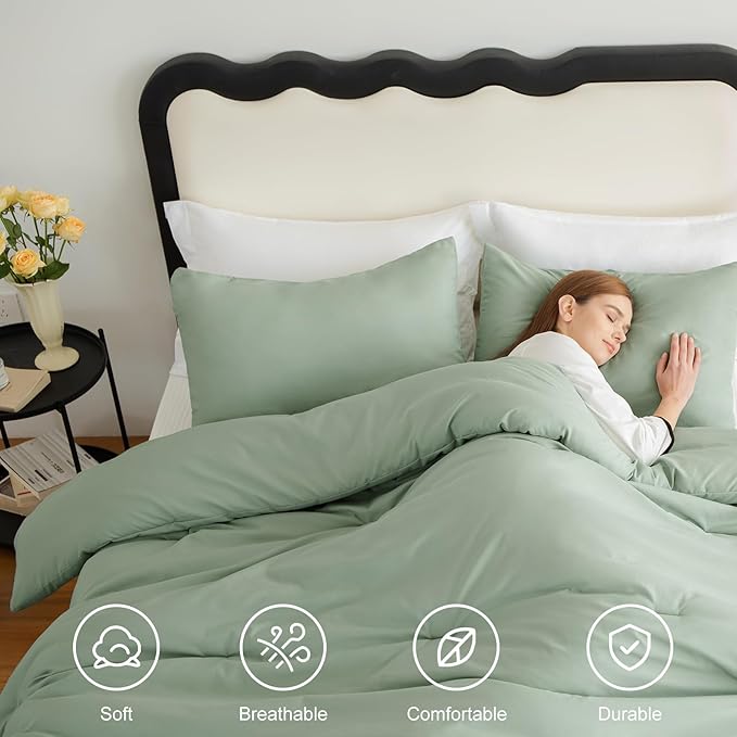 CozyLux King Size Comforter Set Sage Green, 3 Pieces Solid Comforters King Size Breathable Quilted Bedding Sets, Luxury Soft Lightweight Bed Set with Down Alternative Comforter and 2 Pillowcases