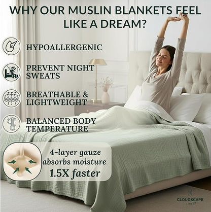 CLOUDSCAPE 100% Cotton Muslin Blanket Twin Size, 4 Layer Oversized 68x92 Fits Twin XL Bed, Soft Breathable, Lightweight, Summer Blanket for Adults, Perfect Spring Gift for All Season- Olive Green