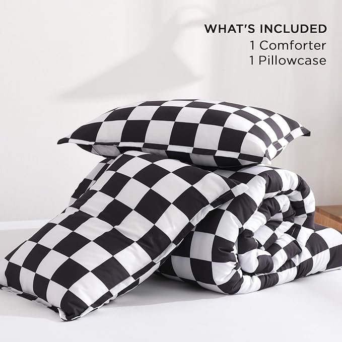 Andency Checkered Comforter Twin(66x90Inch), Black White Plaid Gingham Buffalo Grid Bedding Comforter Sets for Boys Kids Teens, 2 Pieces Lightweight Polyester Geometric Preppy Bed Set