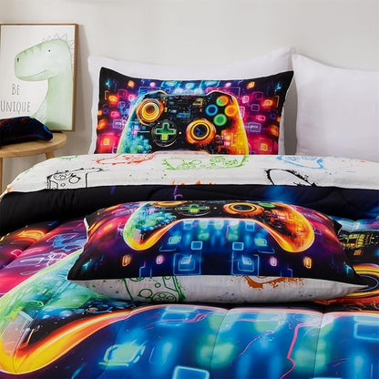Aimuan Gamer Gaming Bedding Sets 3D Gamepad Comforter Sets for Boys Games Console Action Buttons Novelty Colorful Game Controller Modern Room Decor Home Quilt Set (Black-Blue, Full)