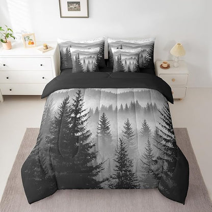 Erosebridal 7 Piece Black Grey Full Comforter Set with Sheets Smoky Mountain Forest Bed in A Bag Rustic Woodland Pine Trees Bedding Sets for Kids Boys Adults Men,Nature Landscape Bed Set