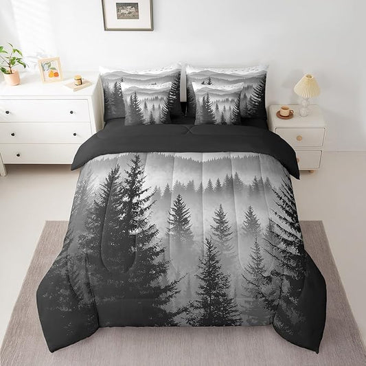 Erosebridal 7 Piece Black Grey Twin Comforter Set with Sheets Smoky Mountain Forest Bed in A Bag Rustic Woodland Pine Trees Bedding Sets for Kids Boys Adults Men,Nature Landscape Bed Set