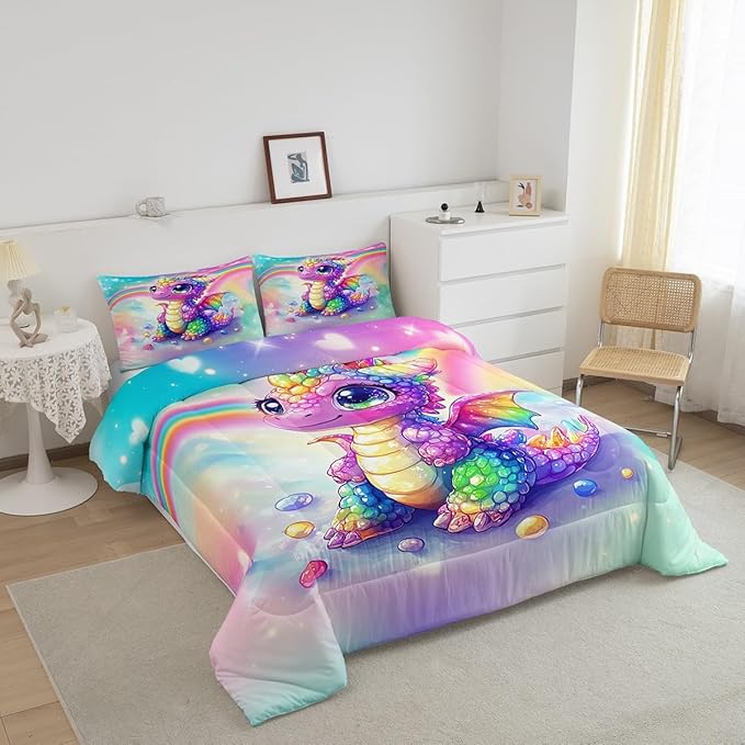 Feelyou Dragon Comforter Set King Size Dragon Stuff Comforter for Boys Girls Teens Cute Bedding Set Dragon Decor Duvet Set Room Decor Multicolored Quilt Set