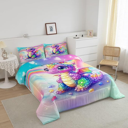 Feelyou Dragon Comforter Set Queen Size Dragon Stuff Comforter for Boys Girls Teens Cute Bedding Set Dragon Decor Duvet Set Room Decor Multicolored Quilt Set