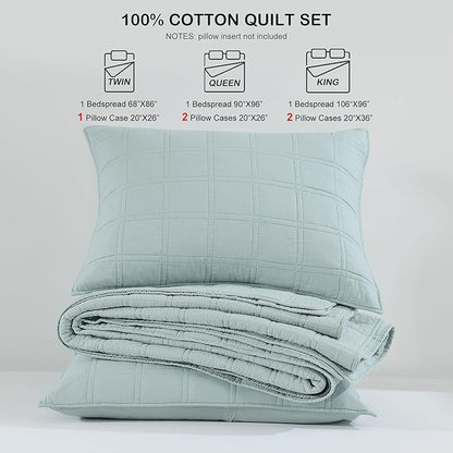 HORIMOTE HOME 100% Cotton Quilt Set King Size, Paleturquoise Pre-Washed Bedspreads Coverlet Set in Geometric Pattern, Cozy Lightweight Stitching Decorative Bedding Cover with 2 Shams for All Season