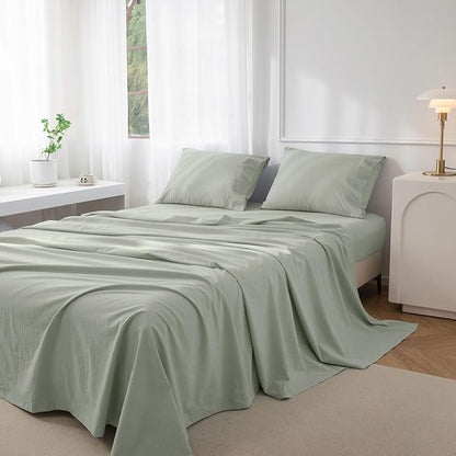 JIYUAN Twin Size Sheet Set, 3-Piece - 100% Washed Cotton, Linen-Like Soft & Breathable, Includes Deep Pocket Fitted & Flat Sheet with 1 Pillowcases, Hotel Quality, Heathered Sage Green