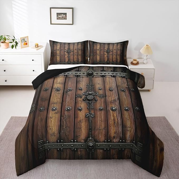 Castle Fairy Knight Walls Boys Girls Comforter Set Full Size,Medieval Themed Wall Duvet Set Teens Bedroom Decor,Retro Wooden Board Microfiber Soft Bedding with 2 Pillowcases