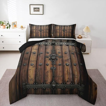 Castle Fairy Medieval Themed Wall Comforter Set Toddler Size,Knight Walls Bedding Set for Kids Teens,Retro Wooden Board Down Comforter,2 Pcs 1 Pillowcase