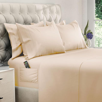DREAMCARE Queen Sheet Set – 6 pcs Cooling Bed Sheets – up to 15” Deep Sheets Queen Size Bed Set – 2500 Supreme Collection – Extra Soft 100% Brushed Microfiber Hotel Luxury with Side Pocket, Wheat