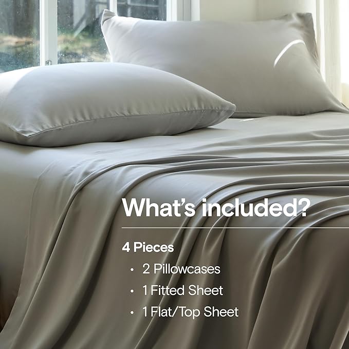 DOZ Sheet Set, 100% Viscose derived from Bamboo, Organically Grown, Buttery Soft, Cooling Sheets, High GSM, Deep Pockets - 4 Piece - 2 Pillowcases 1 Fitted 1 Top Sheet (Dove, Queen)