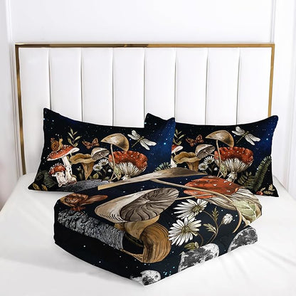 Mushroom Bedding - Black Full Comforter Set, Boho Mushroom Decor, Hippie Style