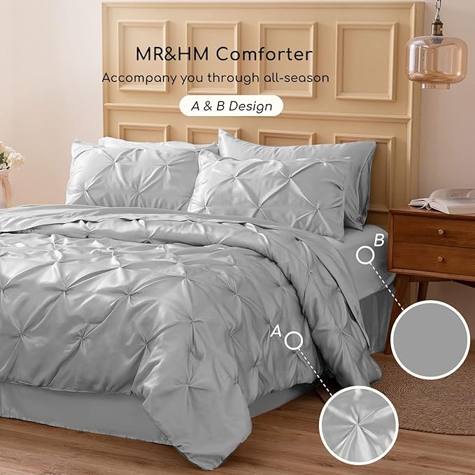 MR&HM Satin Comforter Full 7 Pieces - Luxurious Pinch Pleat Bedding Set with Comforter, Flat Sheet, Fitted Sheet, Pillowcases & Shams, Super Silky Soft Bed Set for All Season (Full, Silver Grey)