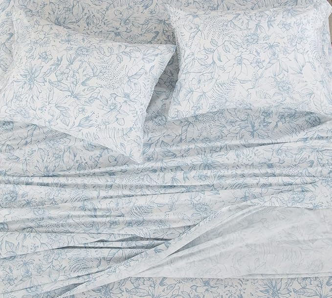 DAUAOTO Cotton Sheets Set King Size 4 Pieces Flower Bedding Sets, Aqua Blue Floral Pattern, Up to 14" Deep