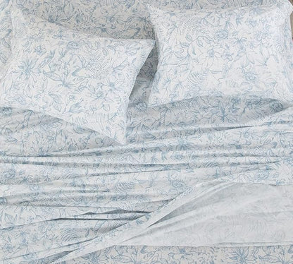 DAUAOTO Cotton Sheets Set Queen Size 4 Pieces Flower Bedding Sets, Aqua Blue Floral Pattern, Up to 14" Deep