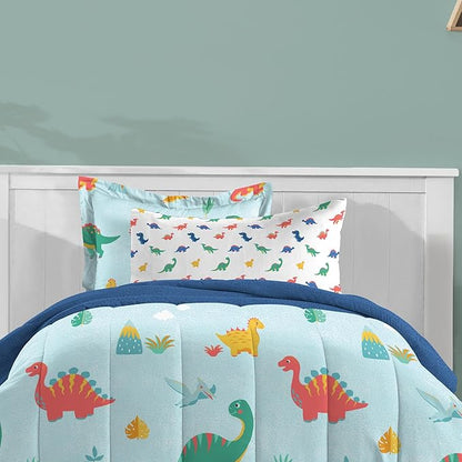 Dream Factory Kids 7-Piece Complete Bed Set Easy-Wash Super Soft Microfiber Comforter Bedding, Full, Blue Sweet Dino