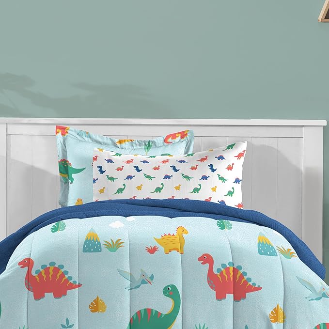 Dream Factory Kids 5-Piece Complete Bed Set Easy-Wash Super Soft Microfiber Comforter Bedding, Twin, Blue Sweet Dino