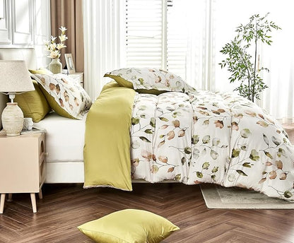 King Size Duvet Cover Set with Button Closure -Light Green and Yellow Botanical Luxury Bedding for a Comfortable Sleeping