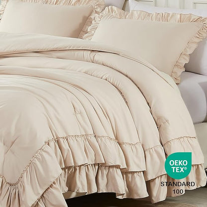 Cupocupa Beige Comforter Set – Twin XL Ruffle Farmhouse Bedding Set – Shabby Chic Fluffy Comforter for All Seasons – Includes Comforter & 1 Pillow Sham (Beige, Twin XL/Twin)