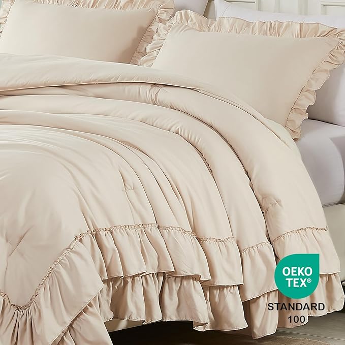 Cupocupa Beige Queen Comforter Set, 3Pcs Comforters Ruffle Farmhouse Bedding Sets Queen with Comforter, Lightweight Soft Shabby Chic Bedding Comforter Set Fluffy for All Season