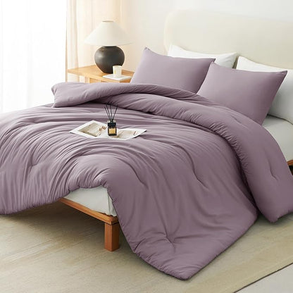 CozyLux Queen Comforter Set Dusty Purple, 3 Pieces Solid Comforters Queen Size Breathable Bedding Sets, Grayish Purple Luxury Soft Lightweight Bed Set with Down Alternative Comforter and 2 Pillowcases