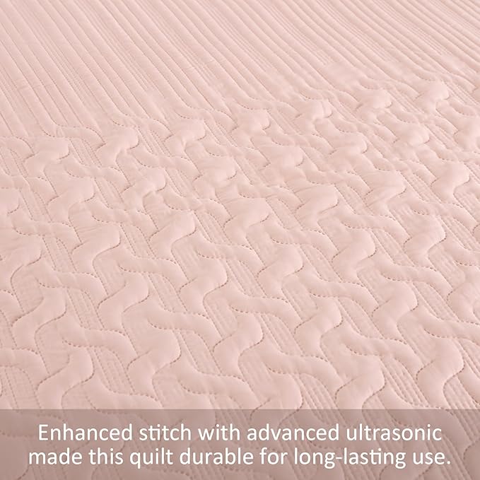 Yiran Blush Pink Quilt Set King Size, 3 Piece Reversible Bedspreads Bedding Set, Fall Wave Striped Pattern Coverlet for All Season with 2 Pillow Shams (King, 106x96 Inch)