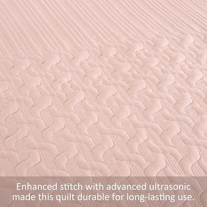Yiran Blush Pink Quilt Set King Size, 3 Piece Reversible Bedspreads Bedding Set, Fall Wave Striped Pattern Coverlet for All Season with 2 Pillow Shams (King, 106x96 Inch)