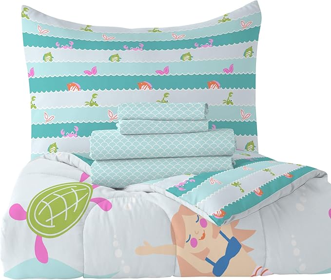 dream FACTORY Kids 5-Piece Complete Set Easy-Wash Super Soft Microfiber Comforter Bedding, Twin, Light Blue Mermaid Dreams