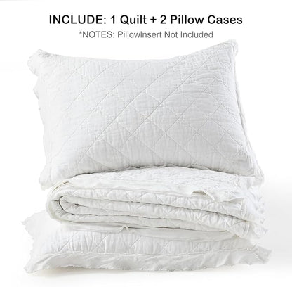 HORIMOTE HOME 100% Linen Front/100% Cotton Back Quilt Set King Size, White Pre-Washed European Flax Linen Quilt, Diamond Stitch Bedspread Coverlet Bedding Set 3-Piece for All Seasons