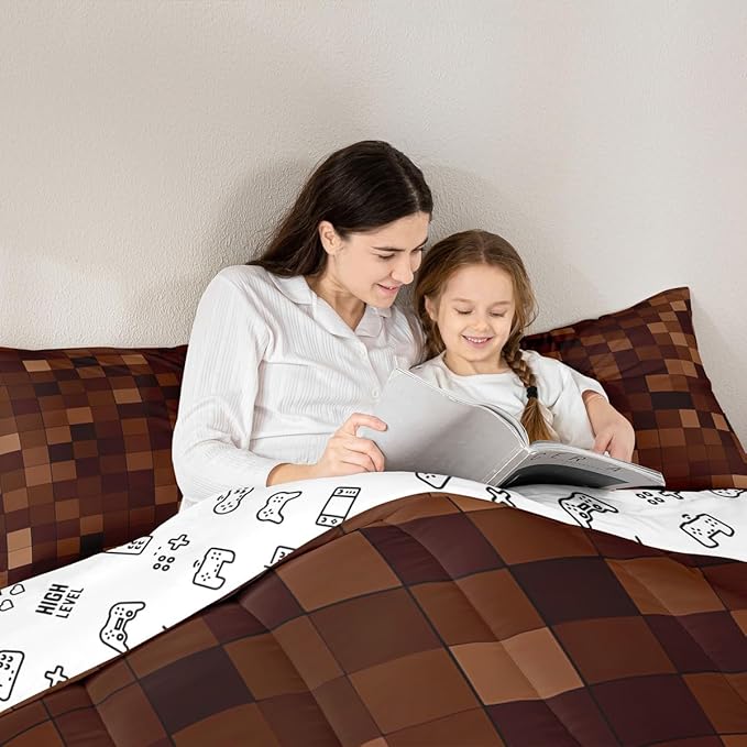 Miners Pixel Checked Kids Comforter Set Twin Size,Video Games Check Lattice Bedding Set Boys Girls Room Decor,Game Cartoon Gamepad Quilt Comforter,Dark Brown Duvet Set Bedroom Quilt Set,1 Pillowcase