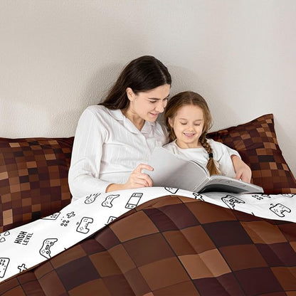 Miners Pixel Checked Kids Comforter Set Twin Size,Video Games Check Lattice Bedding Set Boys Girls Room Decor,Game Cartoon Gamepad Quilt Comforter,Dark Brown Duvet Set Bedroom Quilt Set,1 Pillowcase